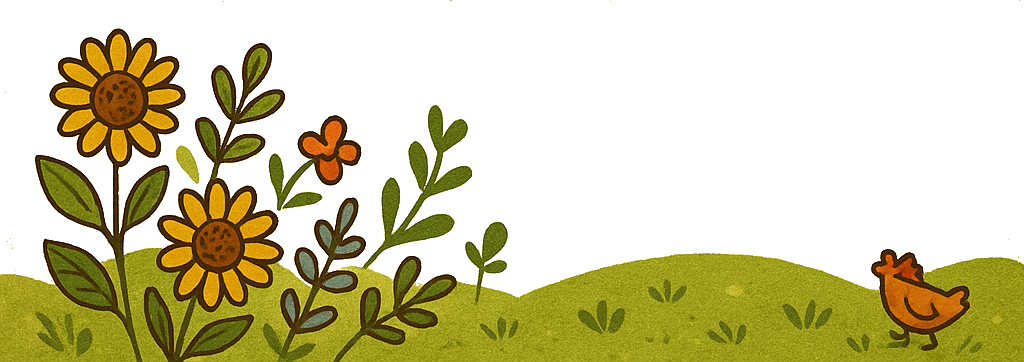 Decorative divider with meadow, flowers and a chicken